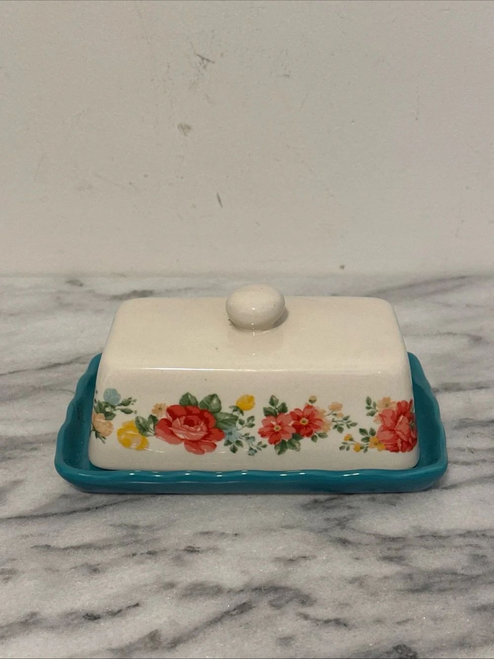 Pioneer woman Ceramic Floral Butter Dish with Teal Base